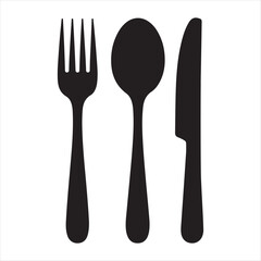Simple black silhouette of a fork spoon and knife representing dining and eating utensils