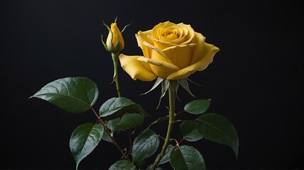 Obraz premium A vibrant yellow rose in full bloom alongside a budding flower, set against a dark background, symbolizing beauty and new beginnings.