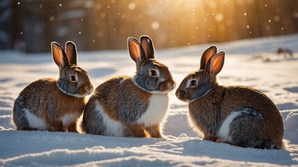 Obraz premium Three fluffy rabbits enjoying a winter day in the snow, illuminated by soft golden sunlight.