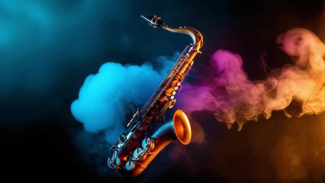 Saxophone in Harmony: A radiant saxophone, the heart of music, takes center stage amid a dance of colorful clouds, filling the scene with music.