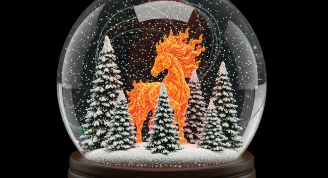 A magical, transparent snow globe holds a glowing fiery horse. The miniature figure stands in a forest of tiny, snow-dusted Christmas trees, reflecting festive lights with a soft bokeh background.
