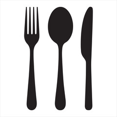 Black silhouette of a fork spoon and knife arranged in a row on a white background