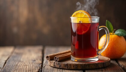 Hot spicy mulled wine drink with cinnamon and orange slice on a wooden table 