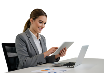 Smiling businesswoman using tablet isolated on transparent background