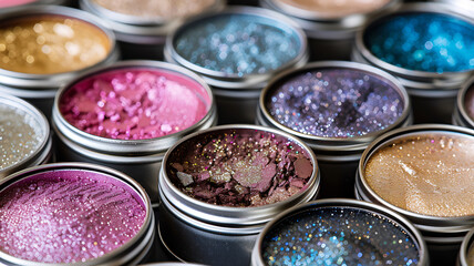 Vibrant collection of sparkling cosmetic pigments in individual tins, offering a dazzling array of brilliant colors for creative looks