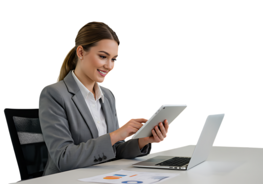 Smiling businesswoman using tablet isolated on transparent background