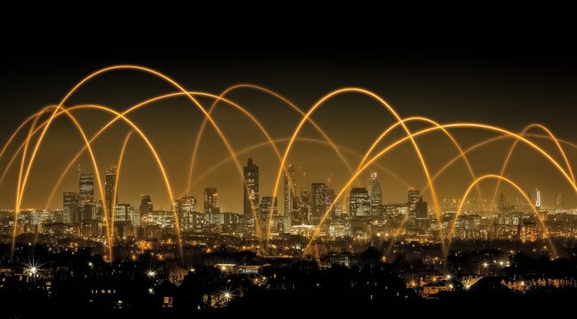 The city is lit up with bright lights and the sky is filled with colorful streaks