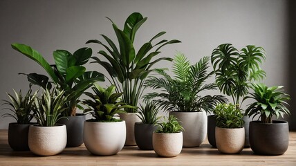 Obraz premium A serene collection of indoor plants in minimalistic pots, showcasing lush greenery and diverse foliage.