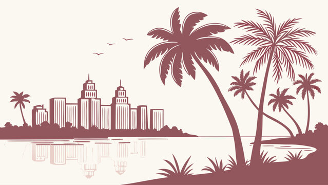 Minimalist vector of Sarasota city skyline and palm trees reflection, modern pastel tones for coastal travel art and elegant decor
