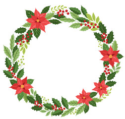 Winter flower arrangement. Winter decorative wreath with poinsettia, holly and red berry.
