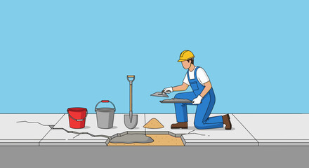 City maintenance shows worker repairing cracked sidewalk with trowel, bucket, and sand. City maintenance requires skilled labor to patch damaged concrete surfaces with cement.