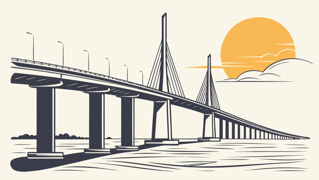 Minimal vector of Tampa Bay bridge at sunset, flat elegant tone for modern coastal posters and USA travel design
