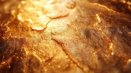Close-up of a shimmering golden surface with intricate textures and warm tones.