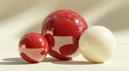 Three balls, one red and two white, are sitting on a table. The red ball is in the middle. The scene is simple