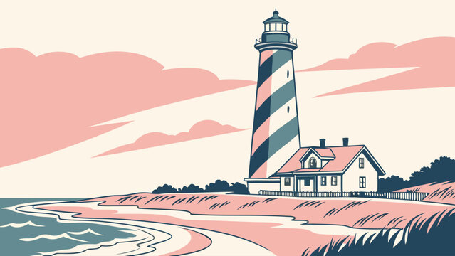 Flat design of St. Augustine lighthouse minimal tone, elegant pastel art for nautical travel posters and beach house wall prints
