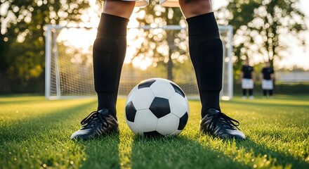 Obraz premium Soccer Ball Focus Legs of Player Ready on Field with Goal in Background at Sunset