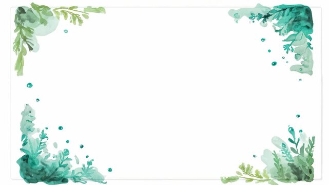 Watercolor seaweed border with green and blue leaf accents on white background