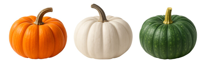 Obraz premium Set of multicolored pumpkins isolated on a white background. Vibrant autumn collection perfect for fall decorations, harvest themes, and Thanksgiving designs.