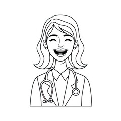 Fototapeta premium Line art illustration of a smiling female doctor with stethoscope isolated on transparent background