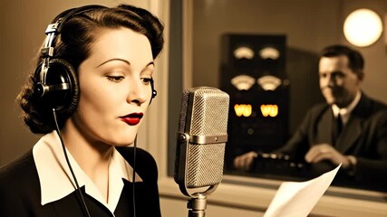 Vintage radio broadcasting: announcer engaged in studio performance behind microphone