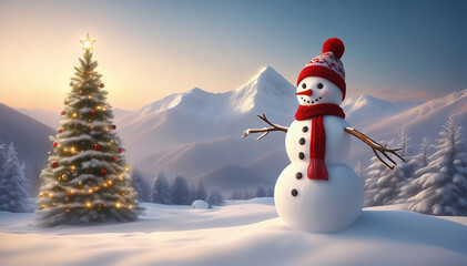A snowman wearing a scarf and knit hat. Snowy landscape background, Christmas tree.マフラーとニット帽をつけた雪だるま。雪景色の背景、クリスマスツリー