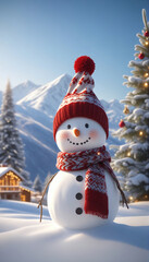 A snowman wearing a scarf and knit hat. Snowy landscape background, Christmas tree.マフラーとニット帽をつけた雪だるま。雪景色の背景、クリスマスツリー