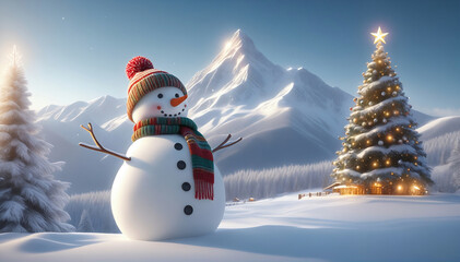 A snowman wearing a scarf and knit hat. Snowy landscape background, Christmas tree.マフラーとニット帽をつけた雪だるま。雪景色の背景、クリスマスツリー