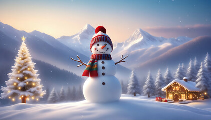 A snowman wearing a scarf and knit hat. Snowy landscape background, Christmas tree.マフラーとニット帽をつけた雪だるま。雪景色の背景、クリスマスツリー