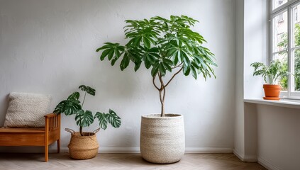 Fototapeta premium White plant in a white pot sits in front of a window. A brown chair is in the background