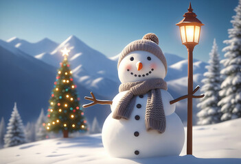 A snowman wearing a scarf and knit hat. Snowy landscape background, Christmas tree.マフラーとニット帽をつけた雪だるま。雪景色の背景、クリスマスツリー