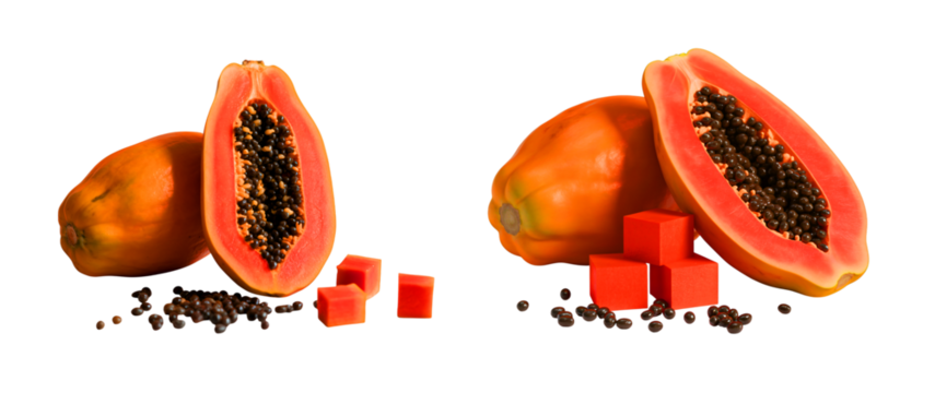 Fresh papaya halves with seeds and red cubes on a black studio background on transparent background