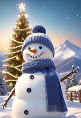 A snowman wearing a scarf and knit hat. Snowy landscape background, Christmas tree.マフラーとニット帽をつけた雪だるま。雪景色の背景、クリスマスツリー