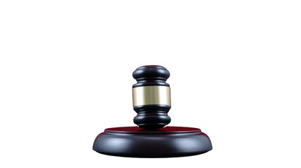 Wooden gavel with gold band resting on round base, symbolizing justice, law, authority, and decision making in courtrooms, isolated on transparency background