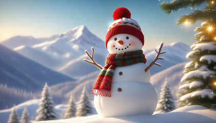 A snowman wearing a scarf and knit hat. Snowy landscape background, Christmas tree.マフラーとニット帽をつけた雪だるま。雪景色の背景、クリスマスツリー