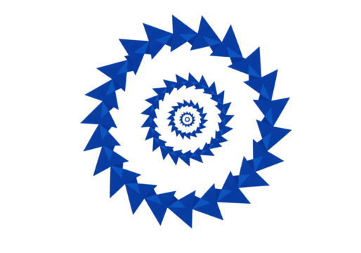 Blue triangle spiral pattern isolated on transparent background, abstract and hypnotic