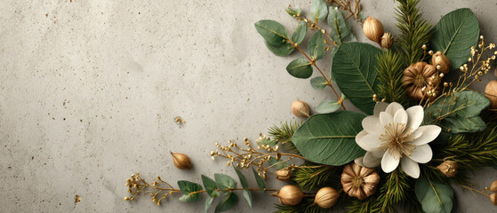 Elegant eucalyptus and pine wreath with silk ribbon and gold accents on plaster wall