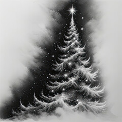 Monochrome watercolor illustration of a Christmas tree reaching toward a bright star, with falling snow.