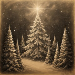 A serene, sepia-toned winter forest scene featuring tall pine trees dusted with snow, a radiant star above.