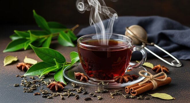 Steaming cup of tea with cinnamon sticks and star anise on table top