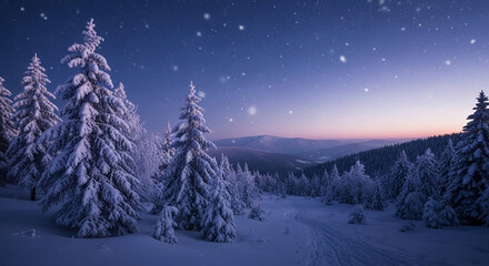 Scenic view of snowy pine trees under a blue and purple dusk sky with falling snow, representing winter wonderland, serenity, and peacefulness