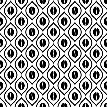 Coffee pattern. Seamless pattern coffee beans. Repeated black bean isolated on white background. Repeating seed for cafe. Abstract grain texture. Grains patern for design prints. Vector illustration