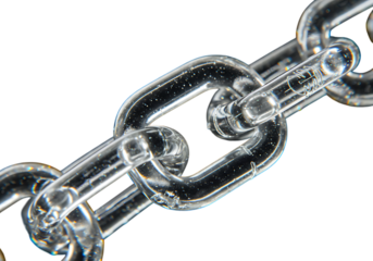 Closeup of a shiny metal chain isolated on transparent background, strong and durable