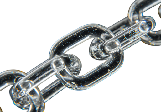 Closeup of a shiny metal chain isolated on transparent background, strong and durable