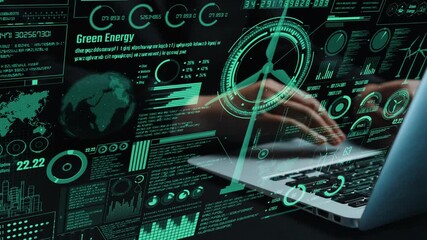 A futuristic interface showcases green energy data and analytics with hands actively typing on a laptop, emphasizing sustainable technology and digital innovation in today's world. Cipher - Powered by Adobe