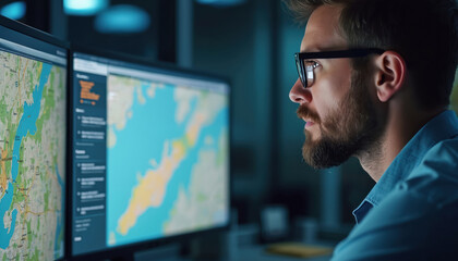 Bearded man works at computer analyzing logistics map. Specialist in glasses looks at dual monitors with data. Transport planner dispatcher optimizes delivery routes, tracking traffic flow in dark