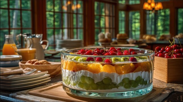 Delicious layered fruit dessert with cherries kiwi oranges and grapes