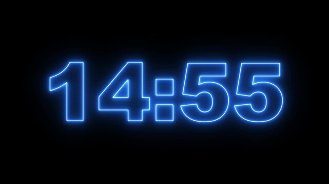glowing neon 15 minute Countdown. neon 15 to 14 minute Countdown timer on black background. neon Countdown timer from 15 minute to 14 minute suitable for presentations, educational.