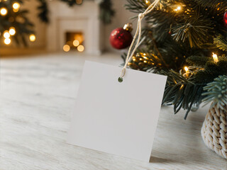 Square Christmas Tag Mockup with Tree Lights