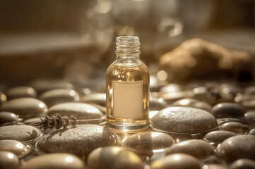 Elegant glass bottle of essential oil resting on smooth pebbles surrounded by soft, warm light in a serene setting
