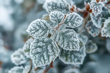 Delicate green leaves of a bush are blanketed in shimmering frost, reflecting light in a winter garden. The scene captures the quiet beauty of nature at dawn.